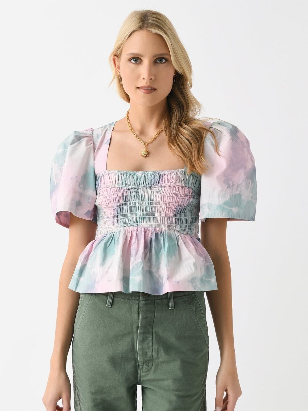 GANNI Pink Printed Cotton Puff Sleeve Smocked Top EU 38 US 6